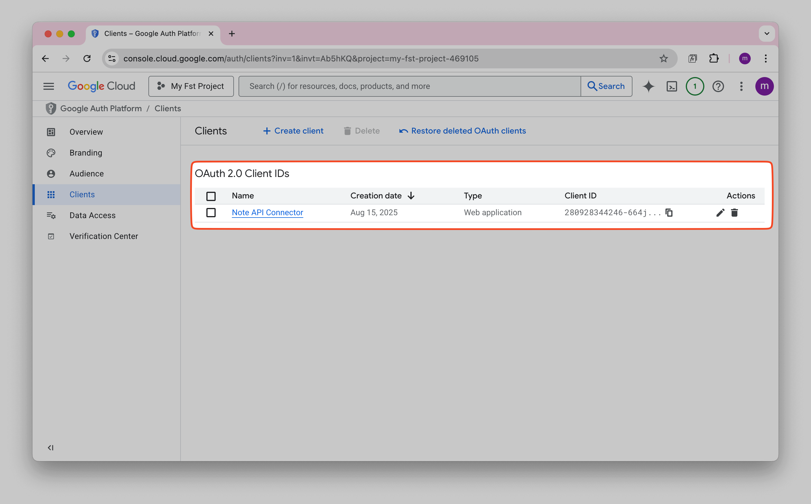 Google Cloud Created Oath Client 