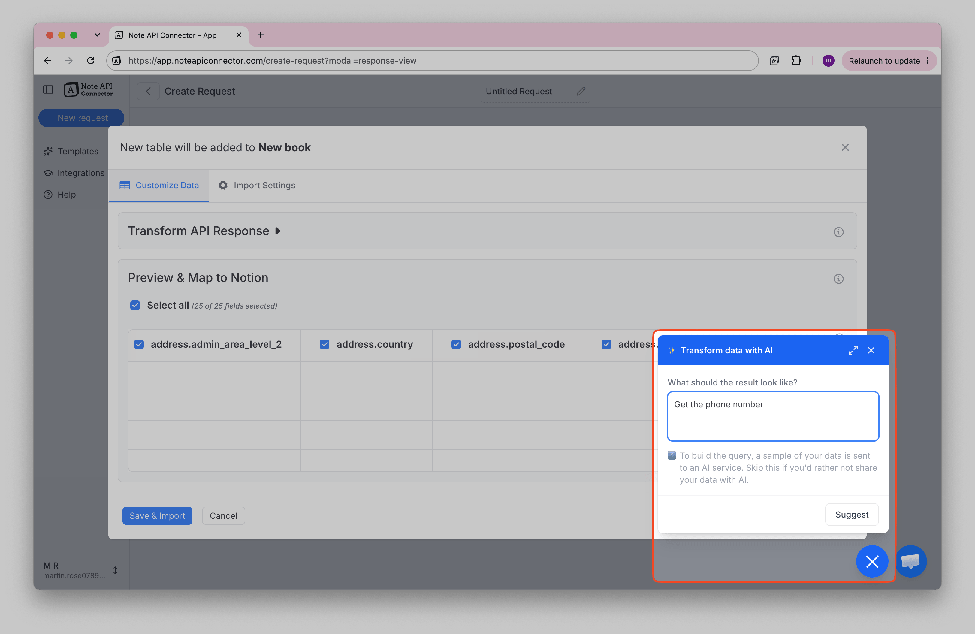 Describe the result you want in the Transform data with AI panel