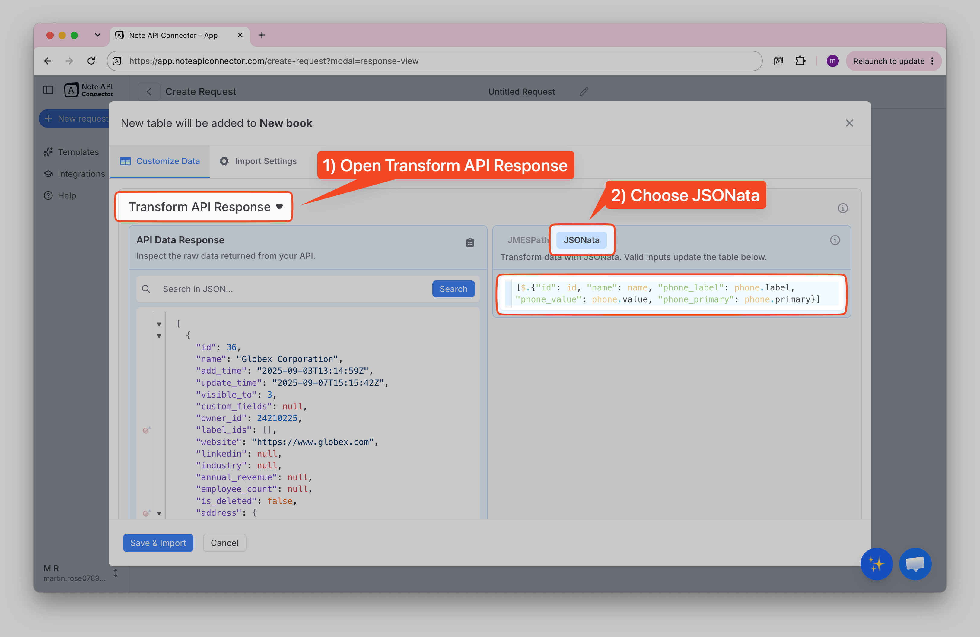 AI-generated query applied in Transform API Response JSONata editor