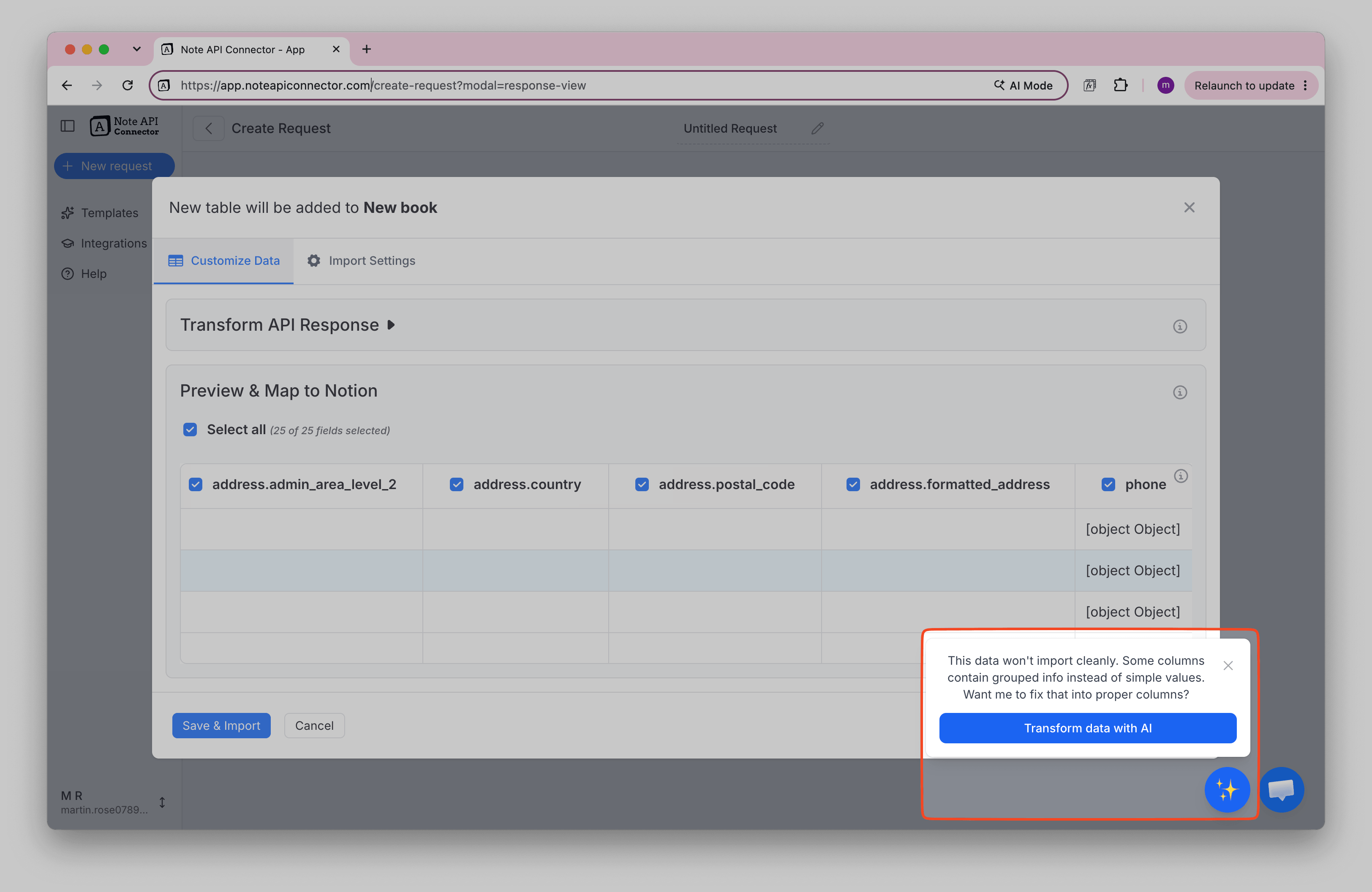 Note API Connector offers to transform data with AI